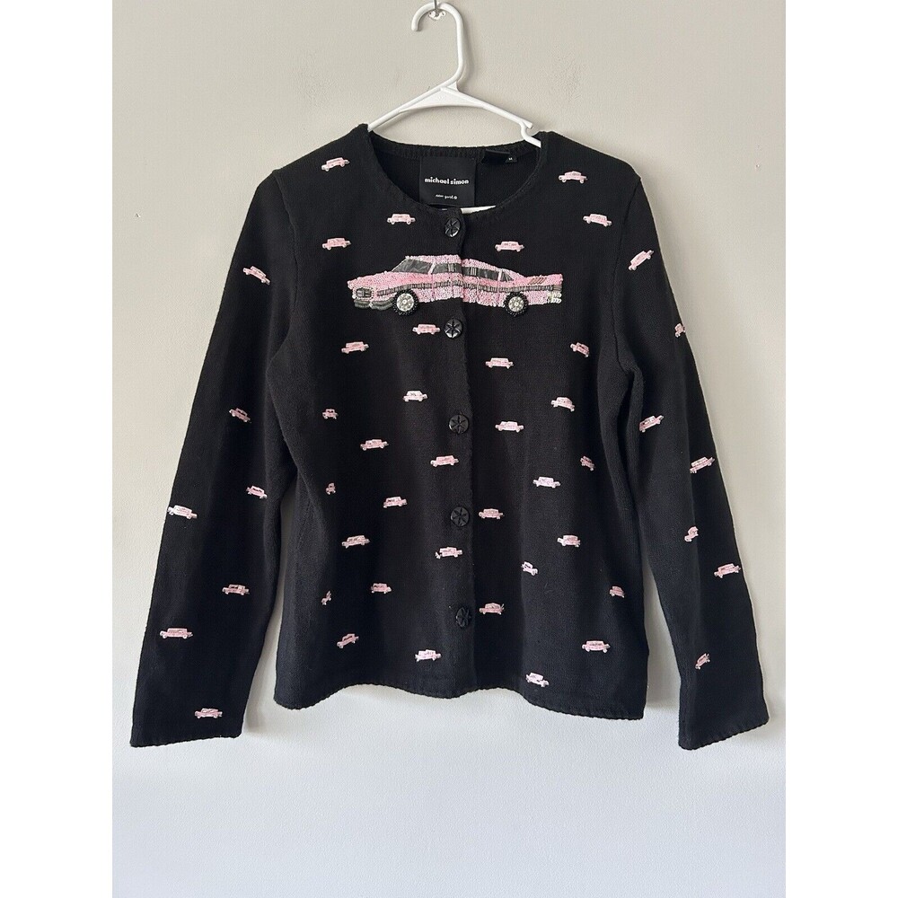 Vintage Michael Simon Pink Cadillac Car Cardigan Sweater Size Medium Cute Retro